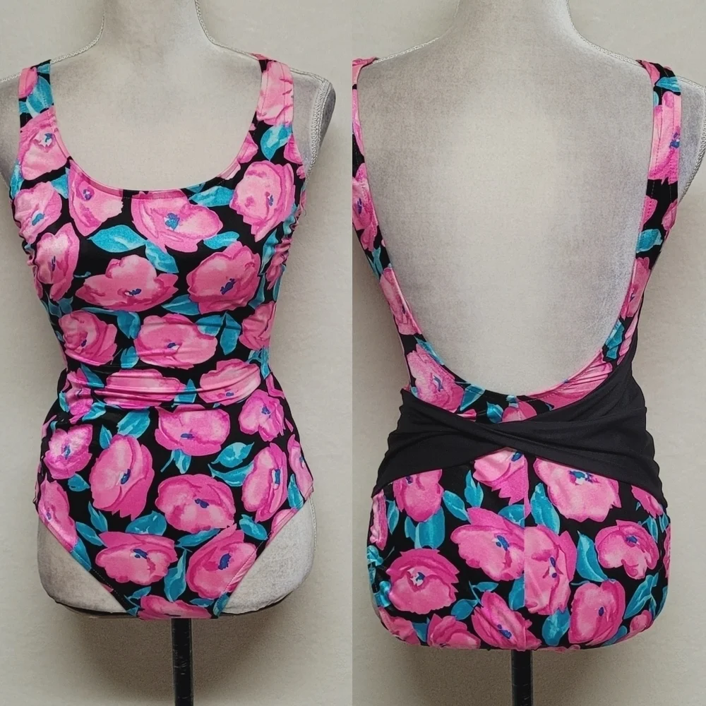 Union Made 70s Vintage Robby Len Pink Rose Half-Belt Low Back One-piece Swimsuit